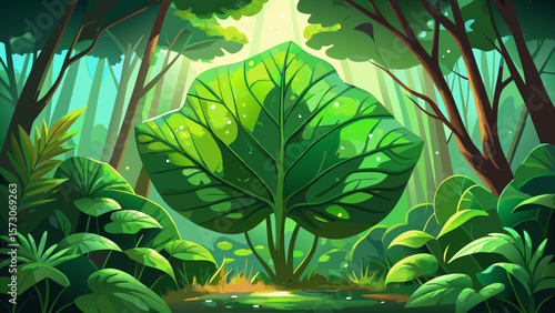 Very beautiful Big green elephant ear leaf in a lush forest of amazing sunlight with water droplets after a fresh rain.