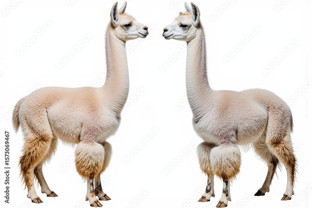 Fototapeta premium Llama Duo: Two elegant llamas stand side-by-side, their long necks and soft, woolly coats presenting an image of graceful companionship. Their gentle eyes hint at a serene understanding.
