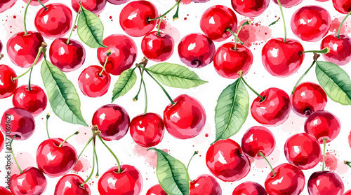 Watercolor background pattern cherries on white background
