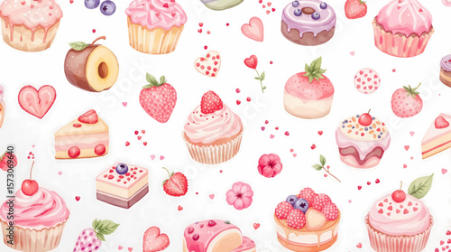 Watercolor Sweet desserts pattern on white background
