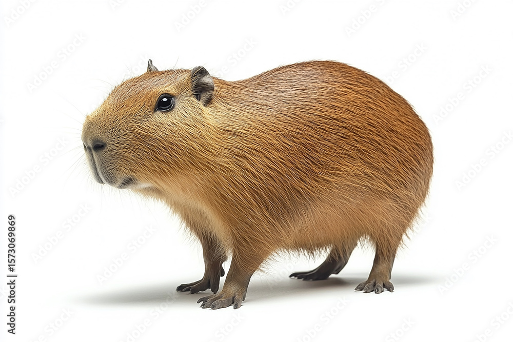 Fototapeta premium Capybara's portrait: The world's largest rodent stands in a studio, captured in stunning detail, showcasing the unique features of this remarkable creature, evoking the sense of wonder.
