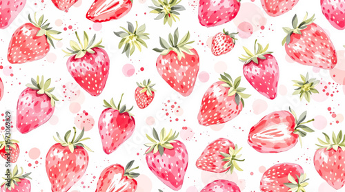 Watercolor pattern with ripe strawberries on a white background