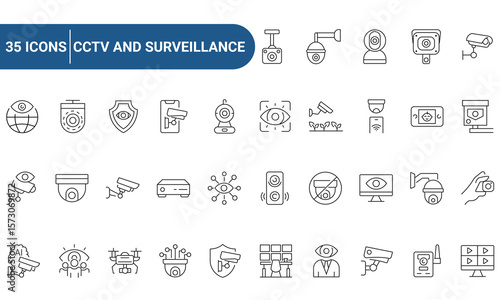 Set of 35 outline icons related to cctv, surveillance. Icons for web and mobile app. Linear icon collection. Editable stroke. Vector illustration