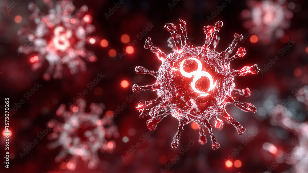 Fototapeta premium Illustration of a glowing biohazard symbol superimposed over floating 3D virus cells in a dark red atmosphere, microscopic textures and sharp cell spikes emphasize threat, warning