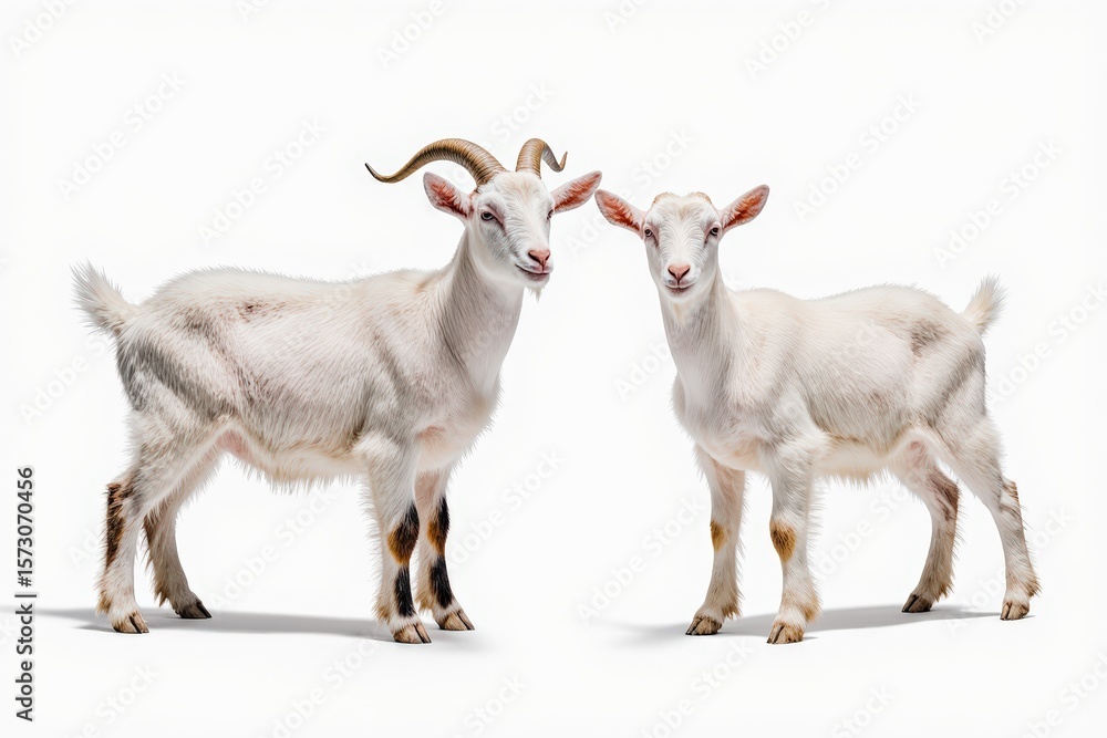 Fototapeta premium Pair of Goats: Two white goats, one mature and the other younger, stand close together in a studio, side by side, displaying their distinctive horns and coats.