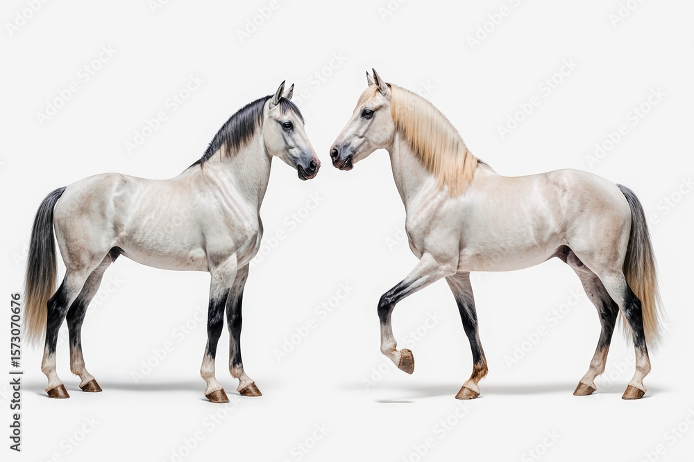 Obraz premium Graceful Equine Partnership: Two elegant white horses stand facing each other, exuding grace and strength, captured in a moment of serene connection. 