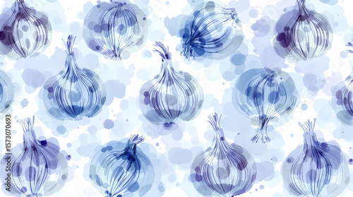 Watercolor garlic pattern on white background