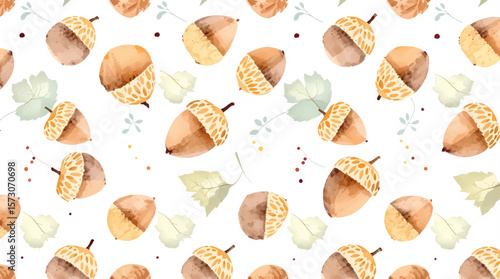 Watercolor acorns pattern on white background