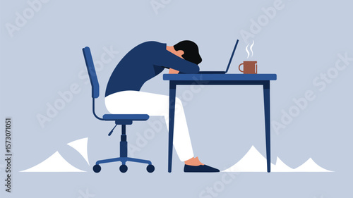 Illustration of burnout syndrome from work stress and fatigue with person slumped over desk with laptop