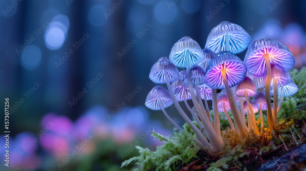 Fototapeta premium Dreamlike scene with young Mexican mushrooms growing under surreal lighting, warm pinks and electric blues illuminating the caps, symbolizing a psychedelic journey to the self