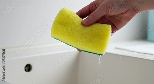 Yellow kitchen sponge being squeezed over sink while dripping water  