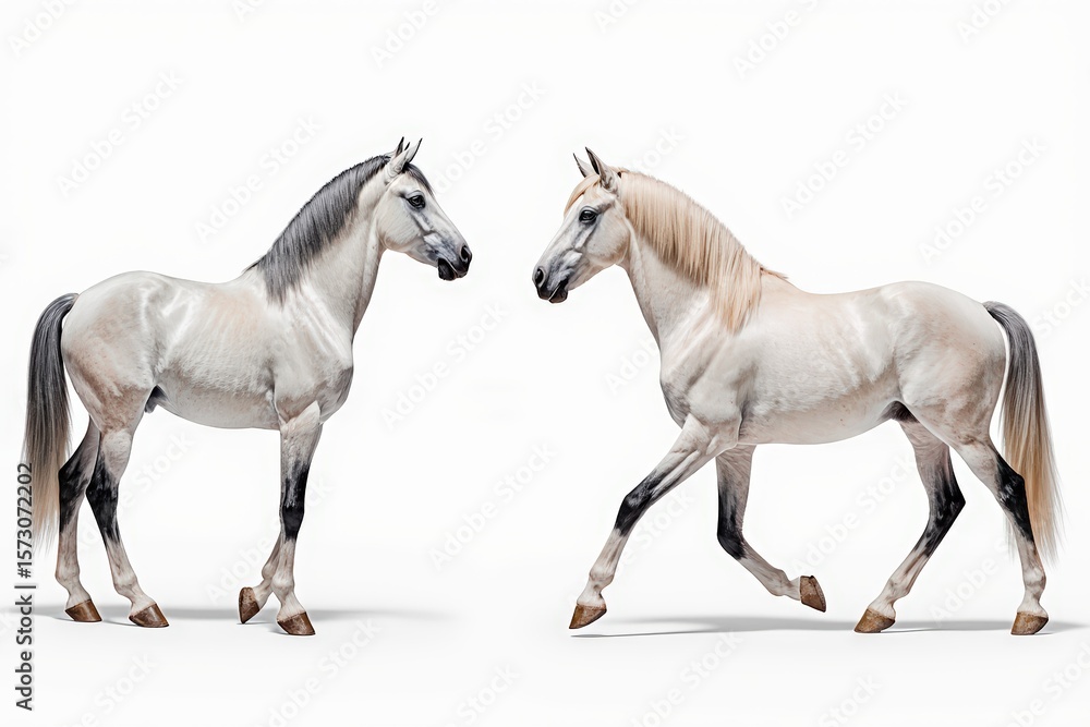 Obraz premium Elegant Equestrian Duo: Two regal horses, their coats gleaming, strike a poised stance in a display of grace, power, and the timeless beauty of equine elegance. 