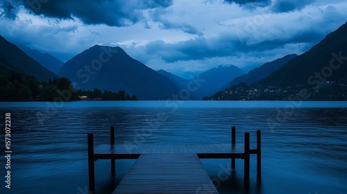 Serene twilight view of a tranquil lake, mountains in the background, and a small wooden dock extending into the still water