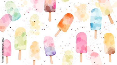 Watercolor background pattern ice cream on a stick on white background
