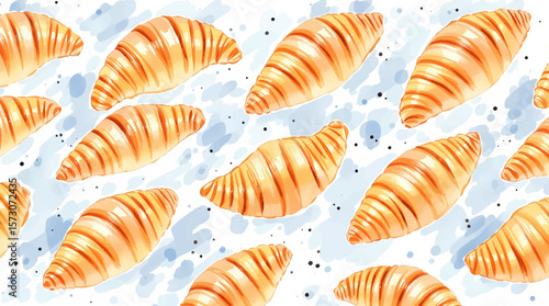 Watercolor pattern croissant on white background	