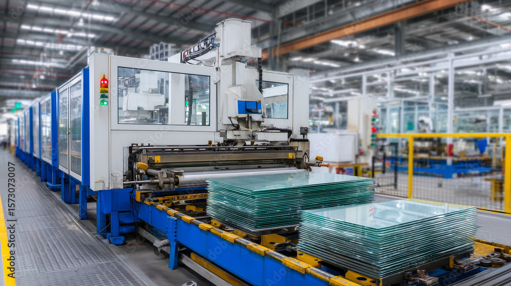 Naklejka premium Sleek automated glass production line with stacks of translucent panels neatly organized, mechanical arms and rollers guide sheets through multi-stage manufacturing process