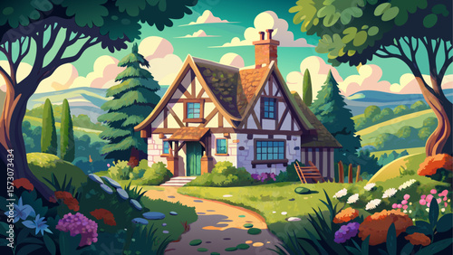 Charming old English cottage nestled in the rolling green Chiltern Hills. Surrounded by blooming gardens and ancient trees, the cozy stone house with its thatched roof evokes