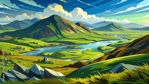 A breathtaking view of Connemara National Park in County Galway, Ireland, featuring rolling green hills, rugged mountains, and wide open skies.