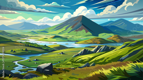 A breathtaking view of Connemara National Park in County Galway, Ireland, featuring rolling green hills, rugged mountains, and wide open skies.