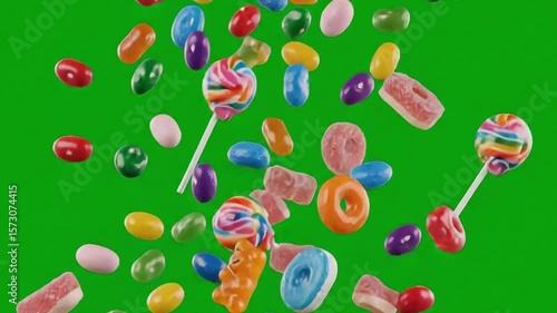 Colorful Candy and Lollipops Falling on Green Screen Background for Sweet Treats