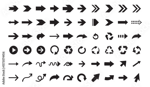 Black Arrow Icons Collection with Directional Symbols Including Curved Arrows, Refresh Loops, Recycle Signs, and Navigation Elements for Web and Interface Design Illustration EPS Pro