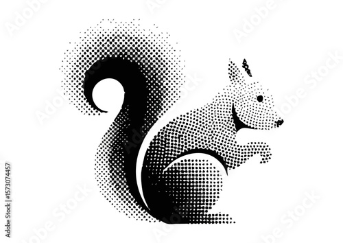 Stylized black and white squirrel illustration with dotted texture