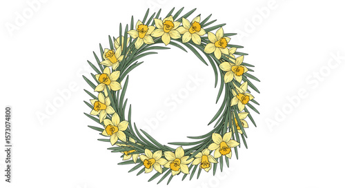 A beautiful spring wreath adorned with many small yellow daffodils and green foliage creates a festive welcoming display