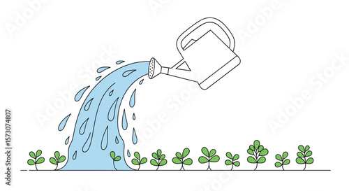 Delicate pouring of refreshing water from an overhead watering can onto a line of small green trees against a white background a simple illustration of natural growth and hydration