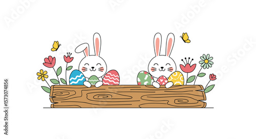 Adorable easter bunnies peeking over a log surrounded by spring flowers and colorful eggs for a happy holiday celebration