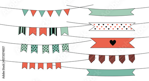 Decorative bunting and banners for celebrations and parties with various patterns and colors