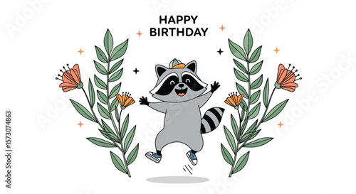 Joyful raccoon celebrating a special birthday surrounded by flowers and festive decorations
