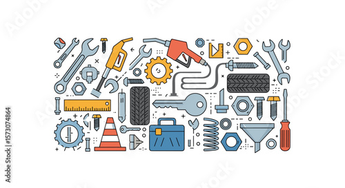 Collection of mechanical engineering tools and equipment for construction and repair tasks