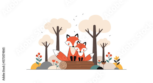 Charming forest scene featuring two adorable foxes sitting together on a log surrounded by trees and flowers