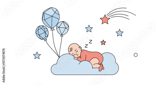 Dreamy baby sleeping on a cloud surrounded by balloons and stars wishing sweet dreams and happy future