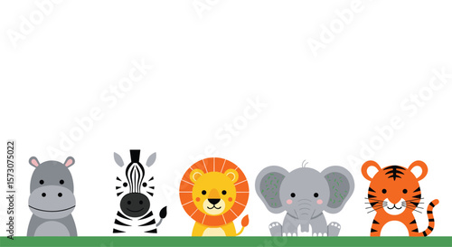 A collection of adorable pixel art safari animals including a hippopotamus zebra lion elephant and tiger standing proudly on green grass under a white sky