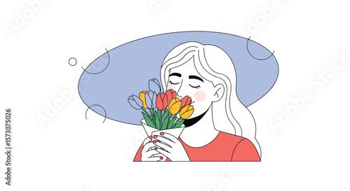 A young woman wearing a wide brimmed hat enjoys the fragrant scent of a colorful bouquet of flowers on a sunny day