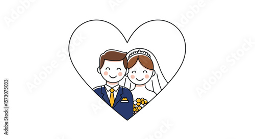 Happy couple celebrating their wedding day inside a heart shape border