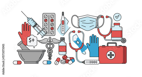 Collection of medical supplies and healthcare equipment for diagnostic and treatment purposes