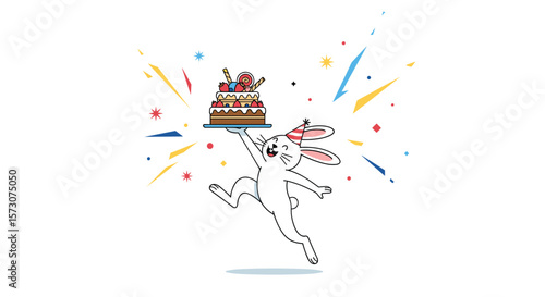 A joyful celebration with a delightful cake and bursts of colorful confetti signifying happiness and good times