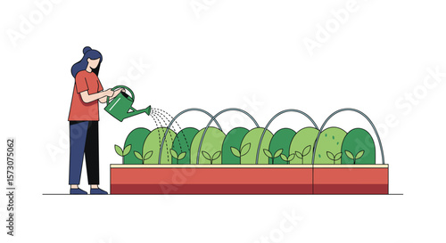A person is watering plants in a garden with a watering can on a sunny day
