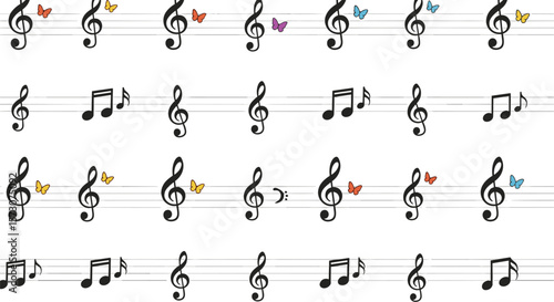 Collection of musical notes and treble clefs decorated with butterflies and fluttering effects
