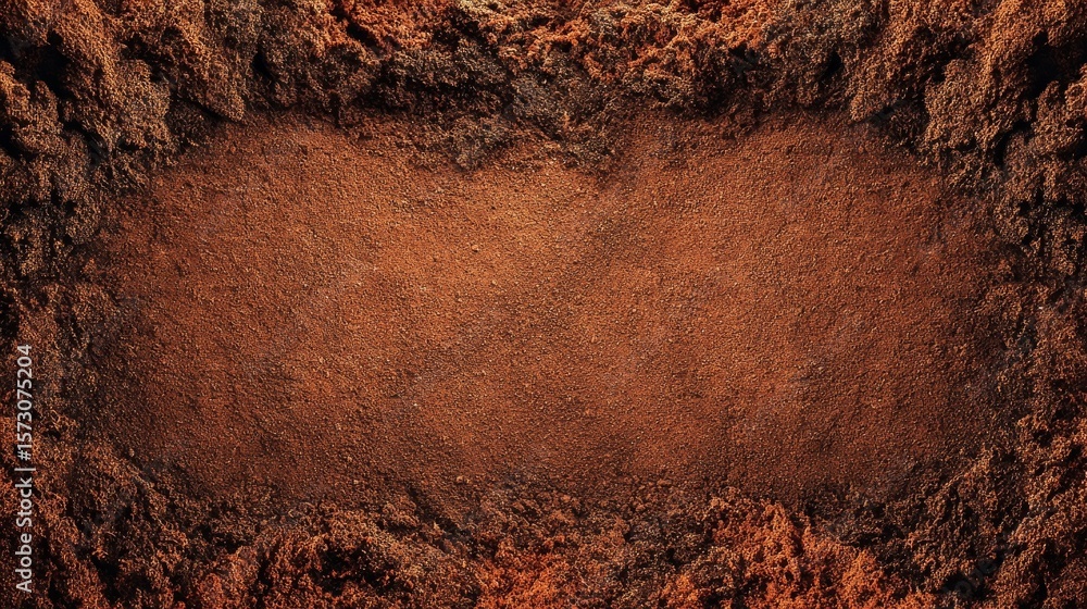 Fototapeta premium Ground Coffee Texture: Rich Brown Coffee Beans Frame Background, Aromatic Coffee Powder, Indoor Studio Shot.