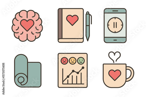 Vector Illustration of Mental Health and Wellness Icons