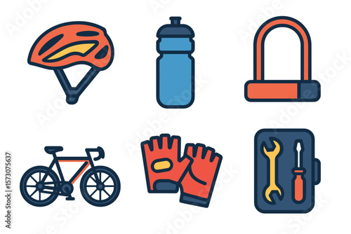 Vector Illustration of Essential Cycling Gear and Equipment Icons