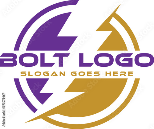 Bold round emblem logo features a dynamic lightning bolt to represent power speed and energy