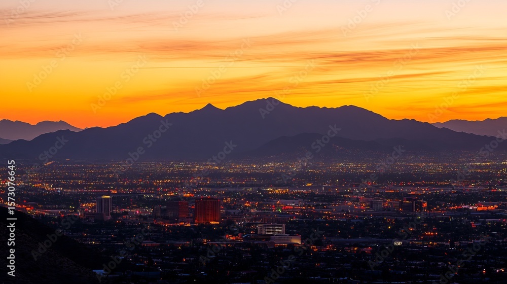 Naklejka premium Vibrant sunset over a sprawling city, silhouetted against a majestic mountain range. City lights twinkle beneath the fiery sky
