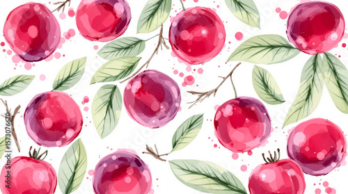 Watercolor pattern red cherries on white background seamless vector pattern