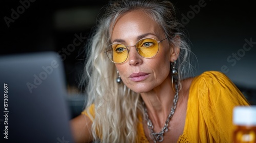 Concentrated individual with long curly blonde hair is engaged with a laptop in a softly lit space. She wears yellow lenses and a striking yellow blouse, showing a sense of style and purpose