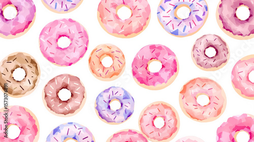Watercolor pattern of multi-colored donuts with sprinkles on a white background