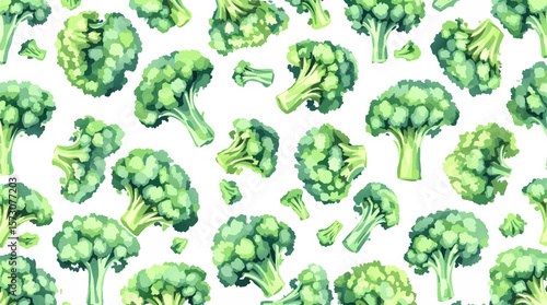 Vibrant watercolor broccoli and greens pattern for fresh produce designs	